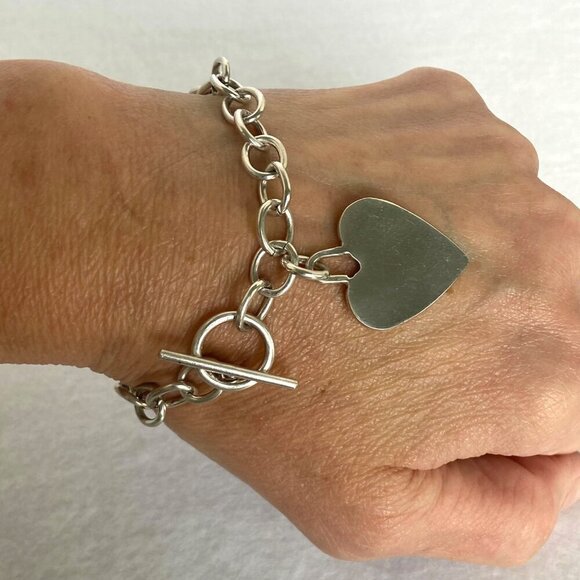 Sterling Silver 925 Cable Chain Blank Engraveable Heart Charm Bracelet 7.25" - Picture 3 of 16